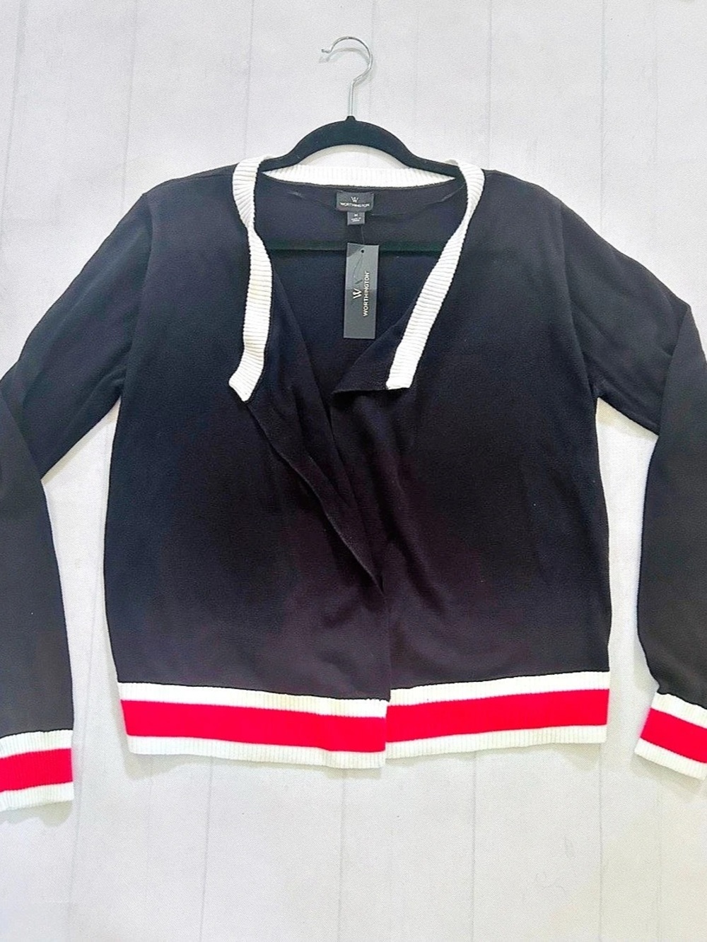 Worthington Open Front Color Block Cardigan in Black & Pink Size Medium NWT
